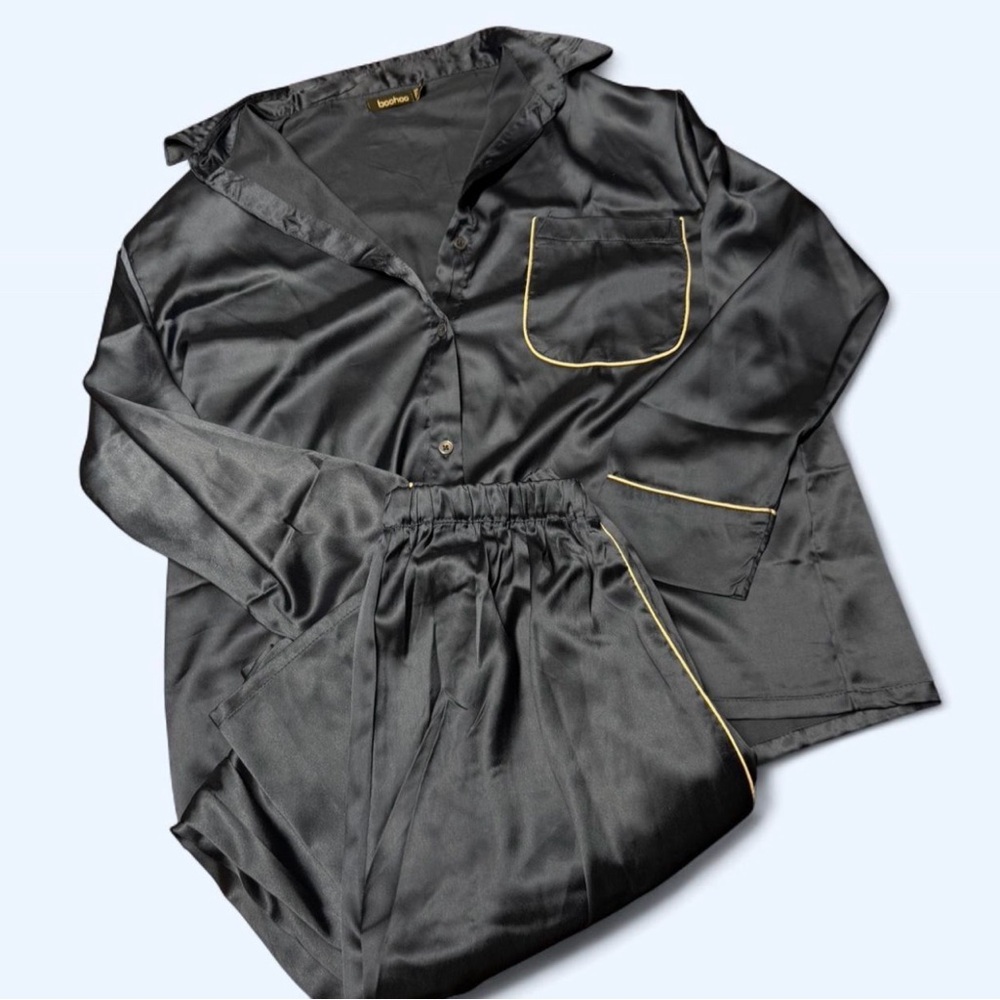 Boohoo Navy Satin PJ Set with White Details